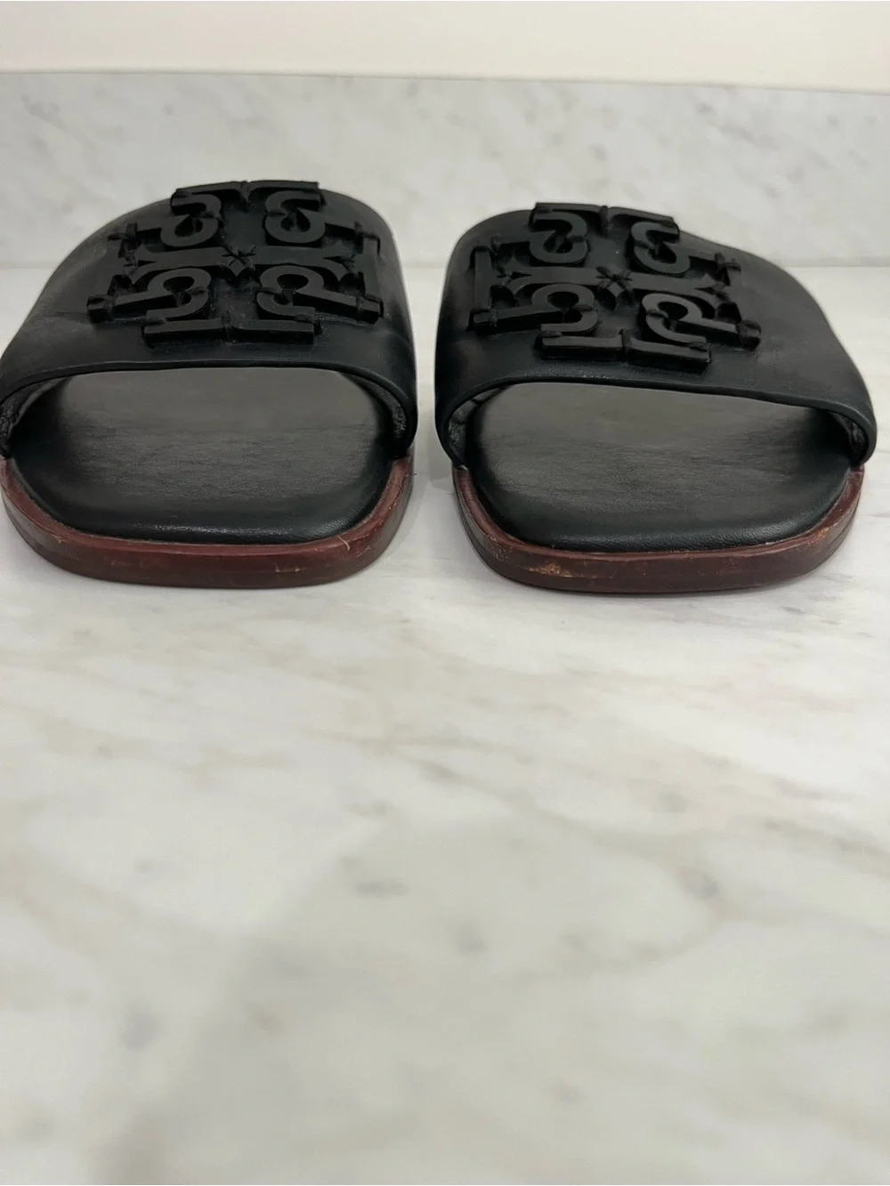 Tory Burch Ines Slide Sandals Black Leather Double T Logo Slides Size 8.5